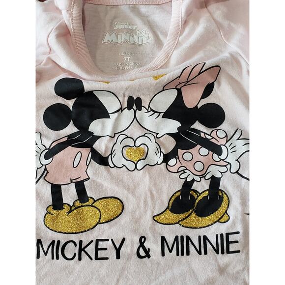 Disney Junior Pink Mickey & Minnie Kissing Hearts Short Sleeved Shirt - Size 2T - Picture 3 of 5